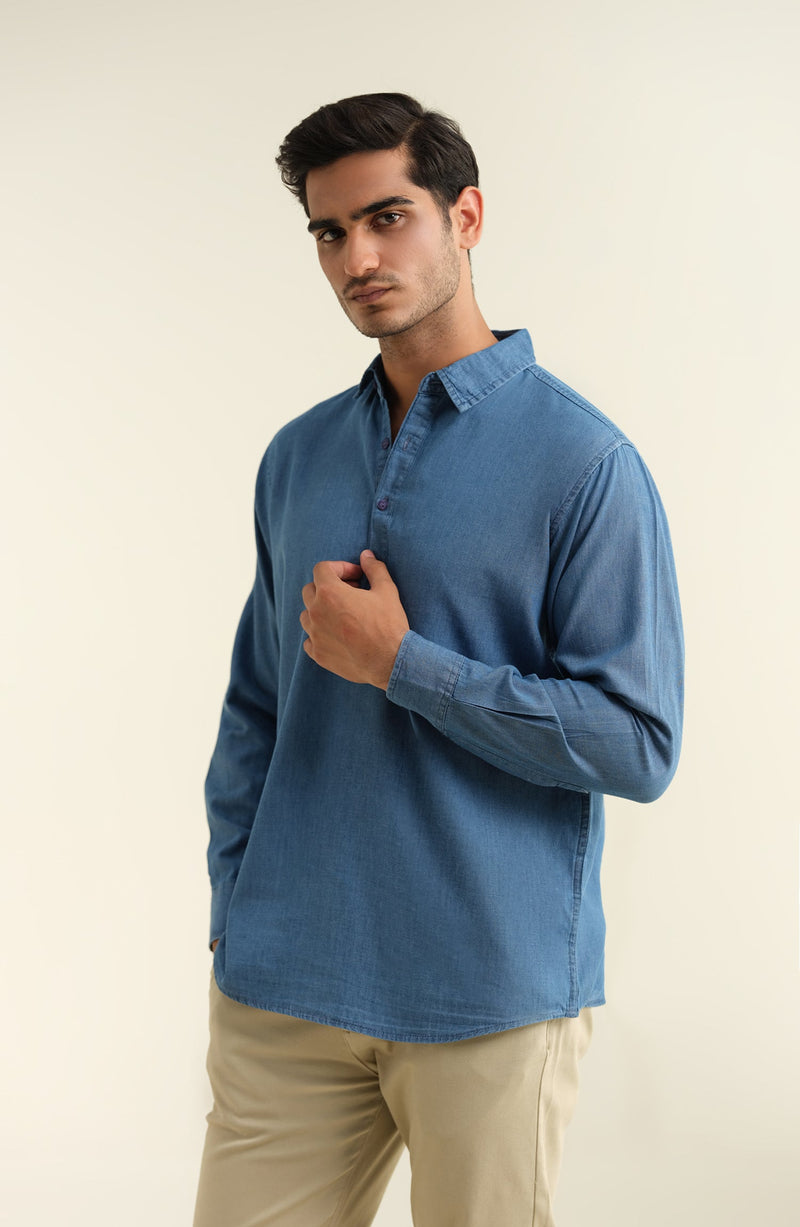 Men's Half Placket Denim Tunic - Shop Now at Shahnameh