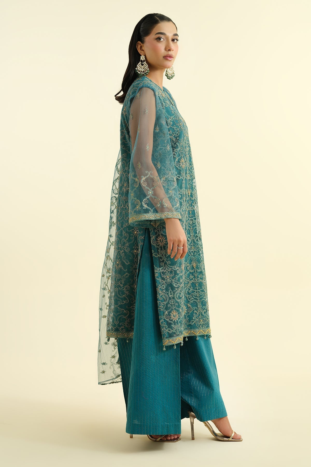 4 Piece - Embroidered & Embellished Poly Net Suit - E1479 - Shop Now at Kayseria